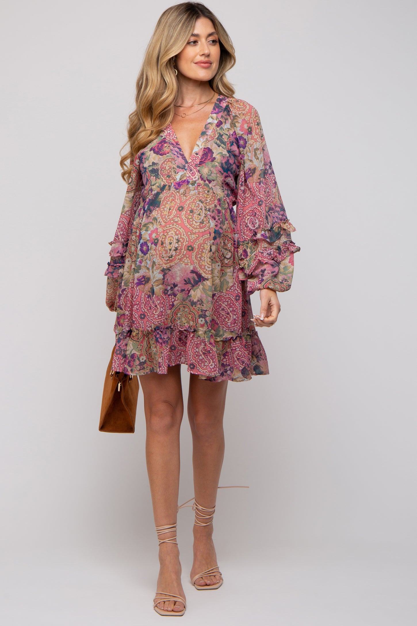 Pink Multicolor Floral Ruffle Balloon Sleeve Maternity Dress