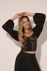 Black Floral Embroidered Sweetheart Neck Woven Top