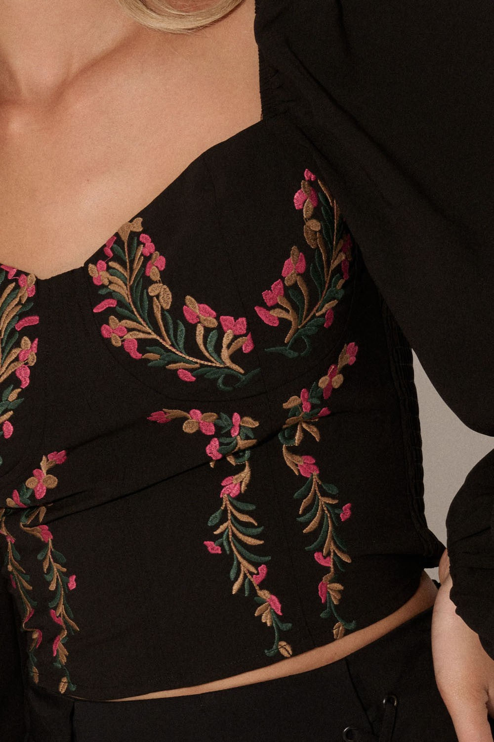 Black Floral Embroidered Sweetheart Neck Woven Top