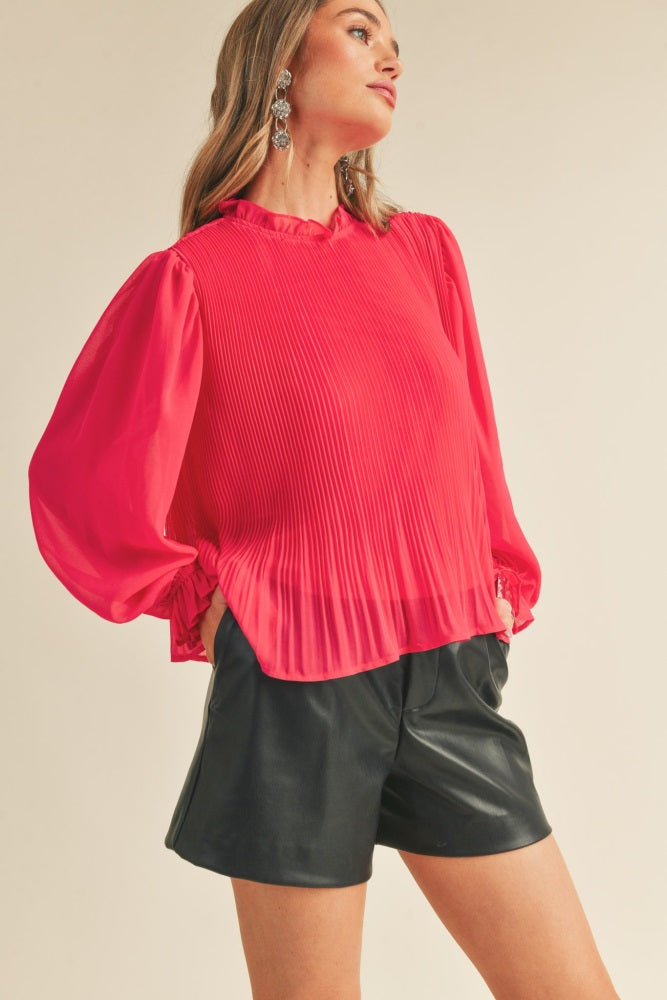 Pink Pleated High Ruffle Neck Top
