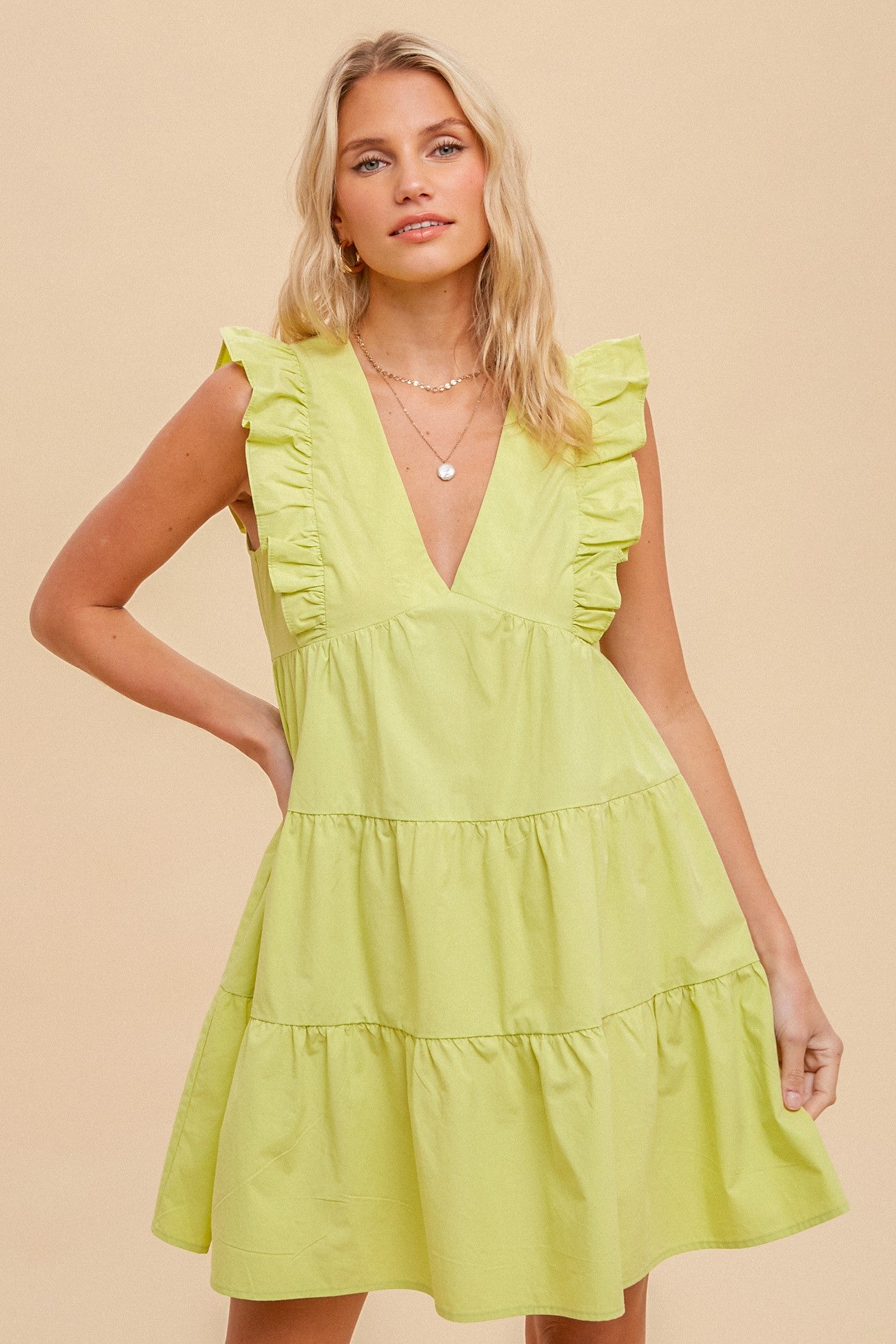 Lime Ruffle Sleeve Tiered Poplin Dress