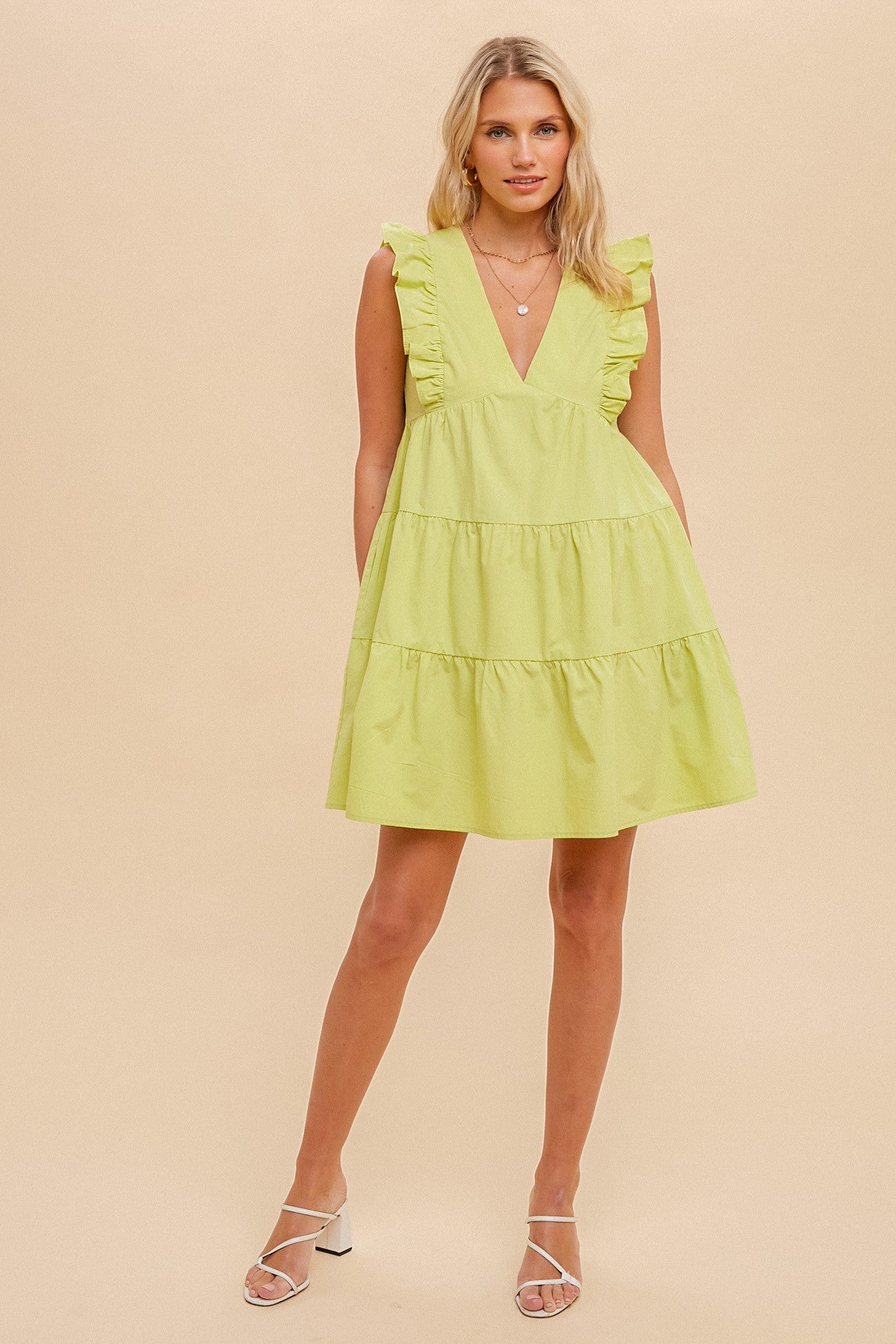 Lime Ruffle Sleeve Tiered Poplin Dress