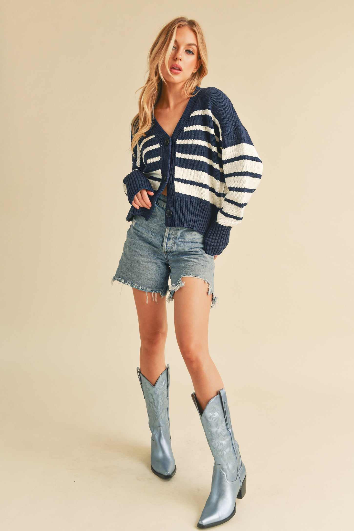 Navy White Knitted Cardi