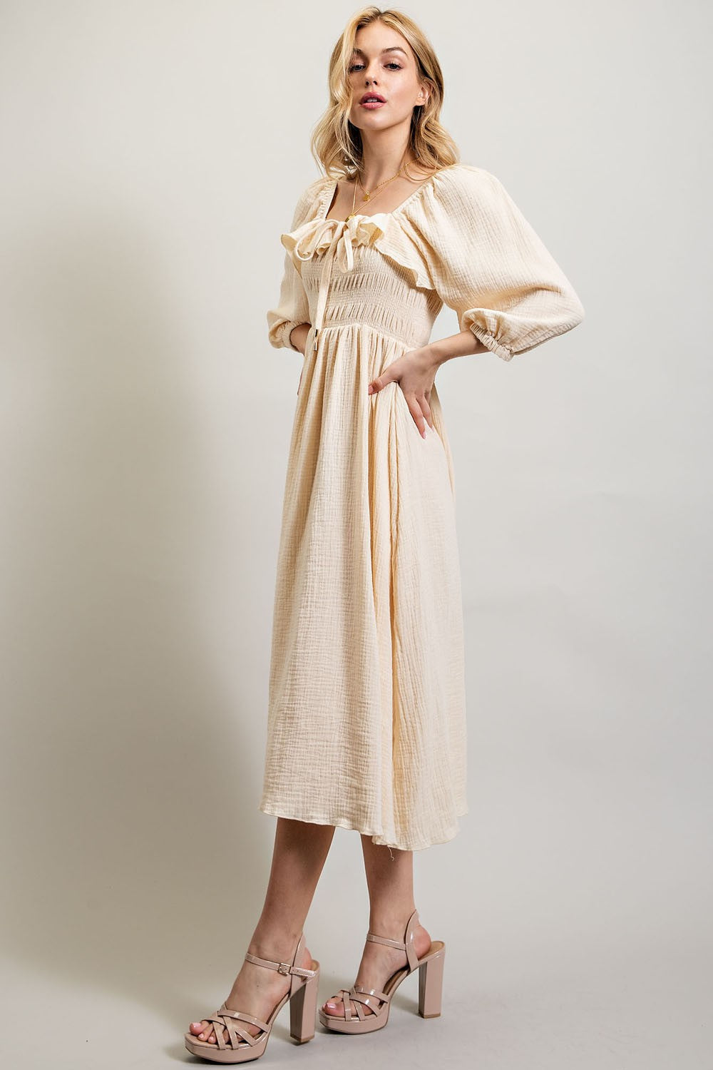 Cream Gauze Smocking  Midi Dress