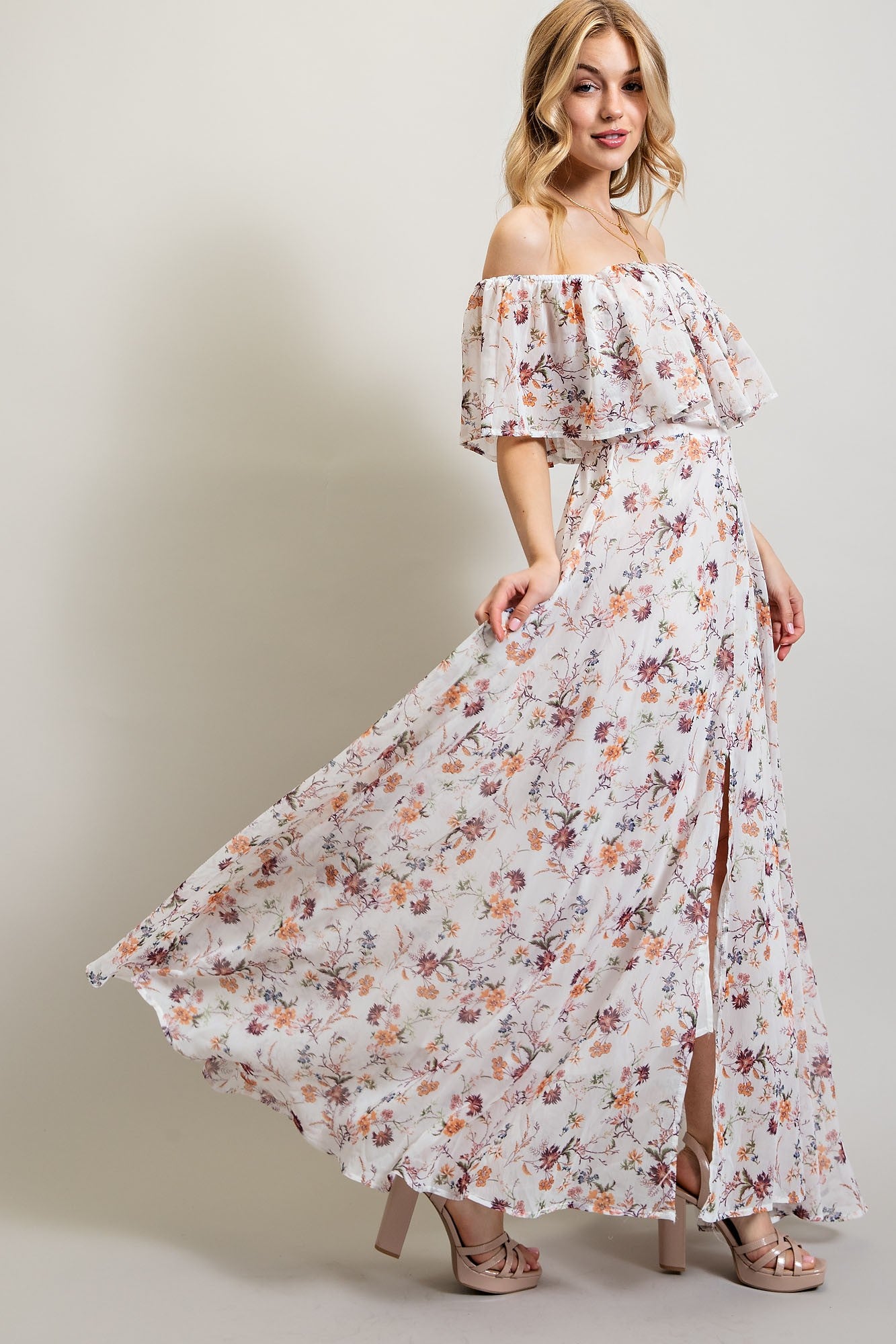 White Multi Off Shoulder Chiffone Print Maxi Dress