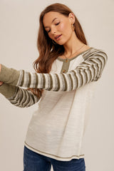 Olive Striped Contrast Knit Henley Top