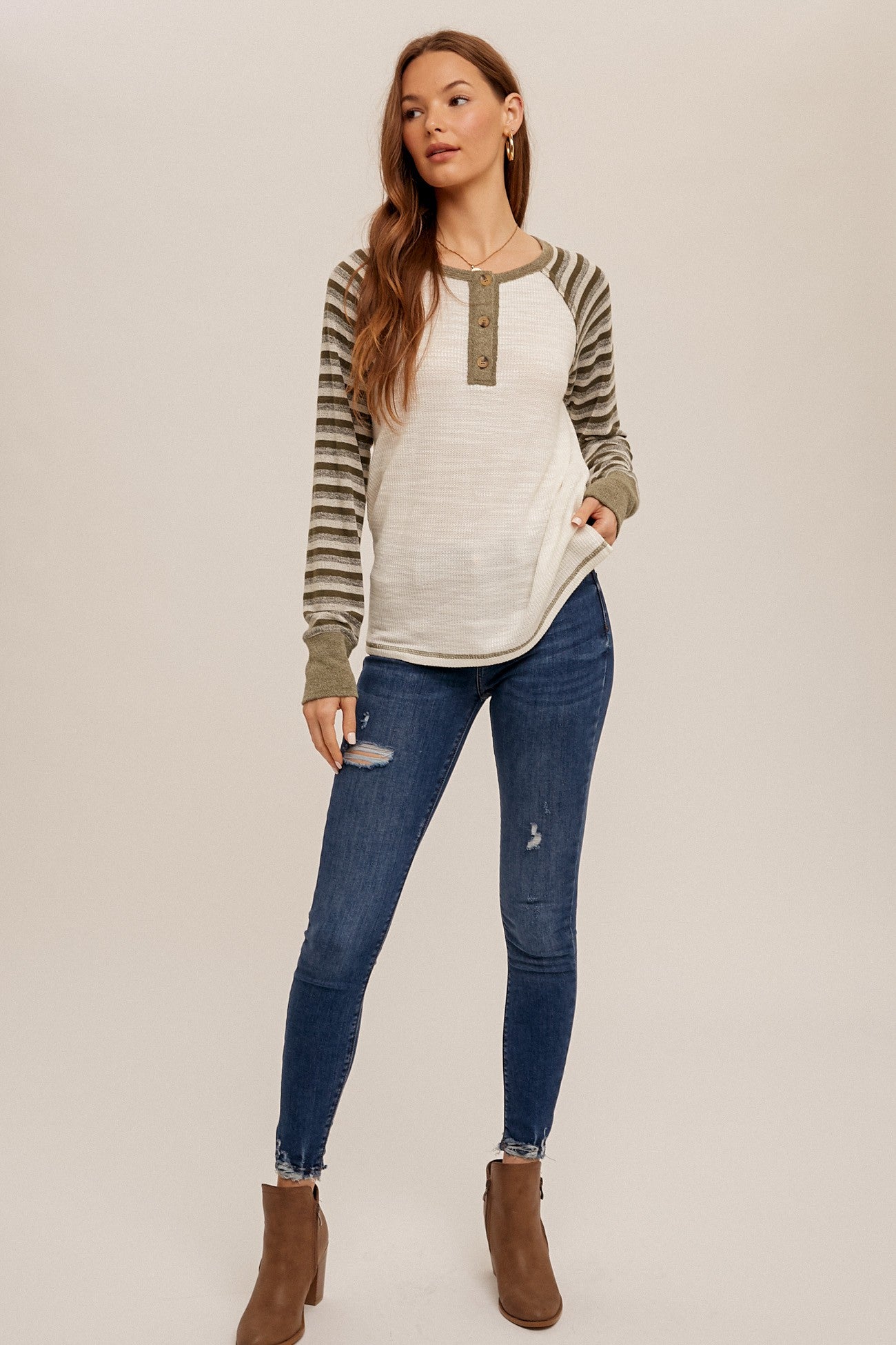 Olive Striped Contrast Knit Henley Top