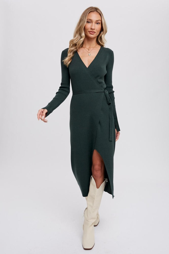 Hunter Green Ribbed Wrap Sweater Dress Hunter Green Ribbed Wrap Sweater Dress