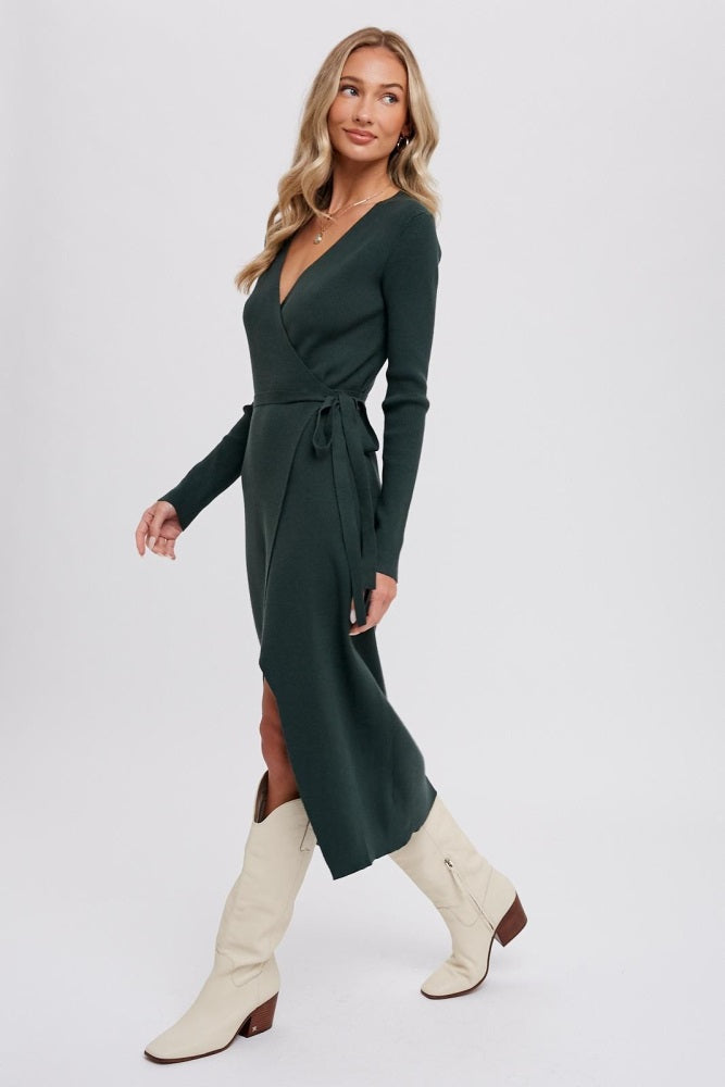 Hunter Green Ribbed Wrap Sweater Dress PinkBlush Hunter Green Ribbed Wrap Sweater Dress PinkBlush