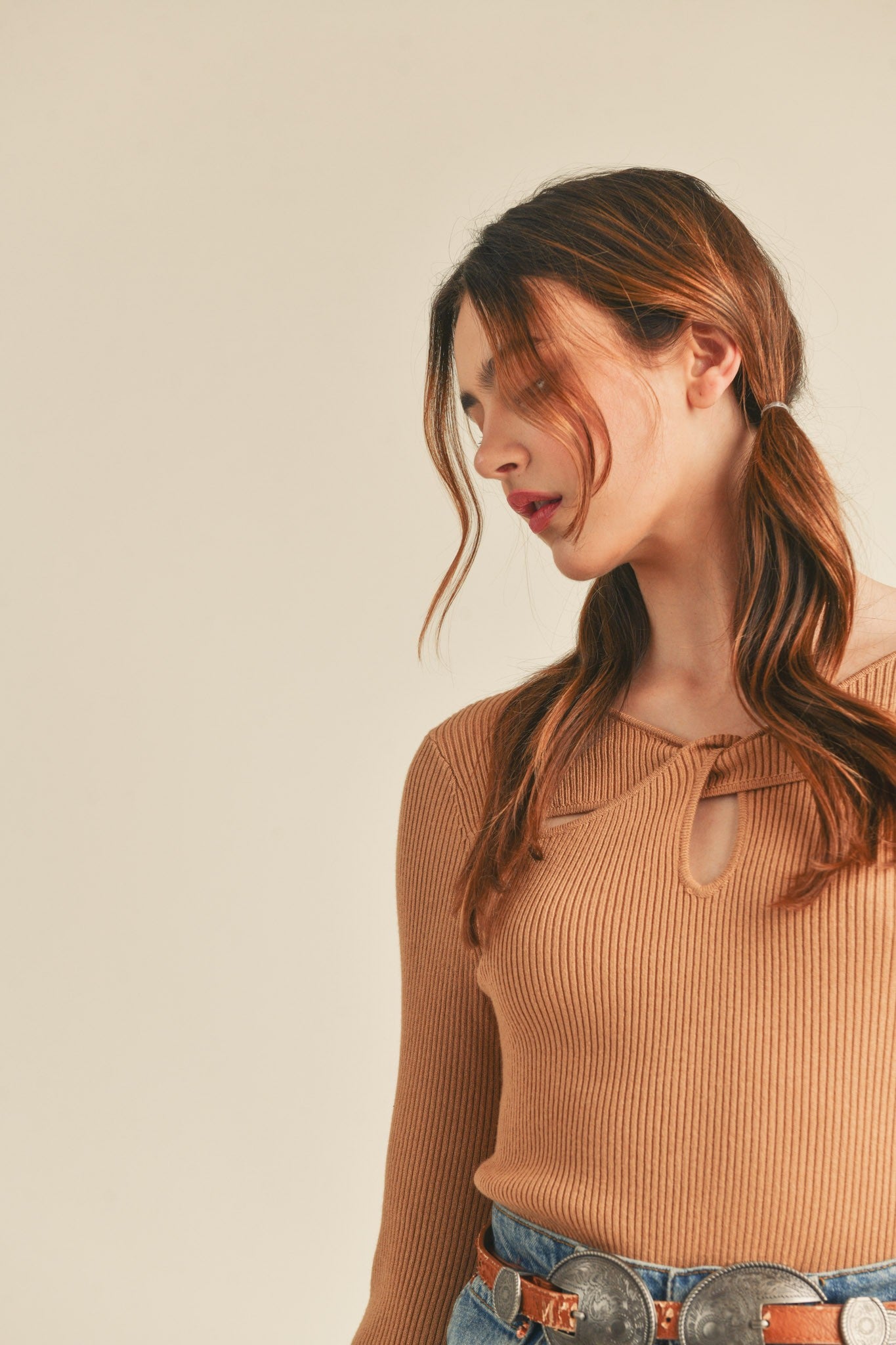 Mocha Ribbed Cut-Out Sweater