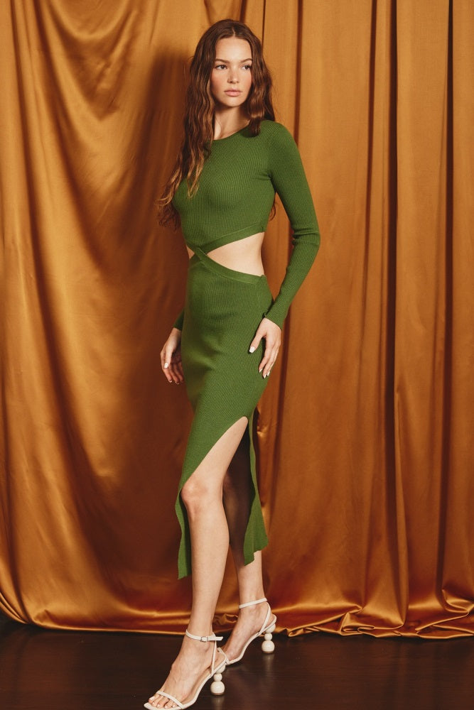 Green Chevron Side Cutout Midi Knit Dress