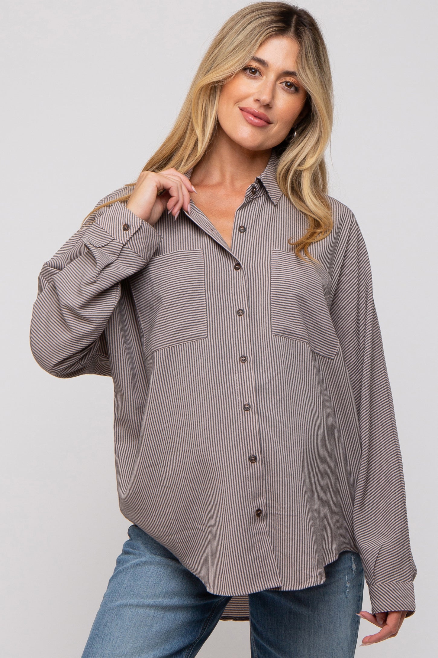 Charcoal Striped Oversized Button Up Maternity Top