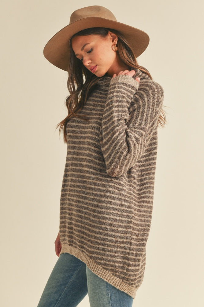 Dark Mocha Striped Turtleneck Sweater