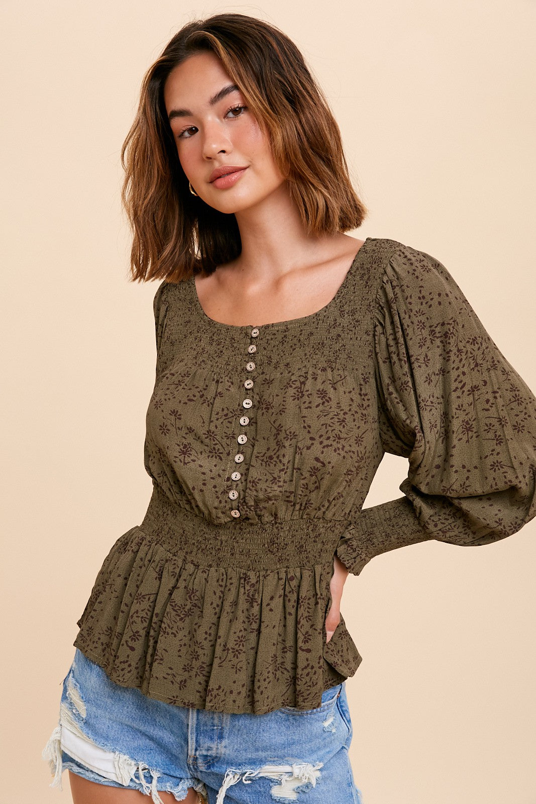 Olive Smocked Button Front Peasant Top