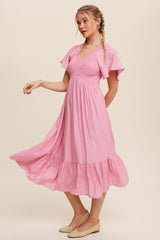 Pink V-Neck Smocked Ruffle Sleeve Maxi Dress