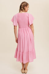 Pink V-Neck Smocked Ruffle Sleeve Maxi Dress
