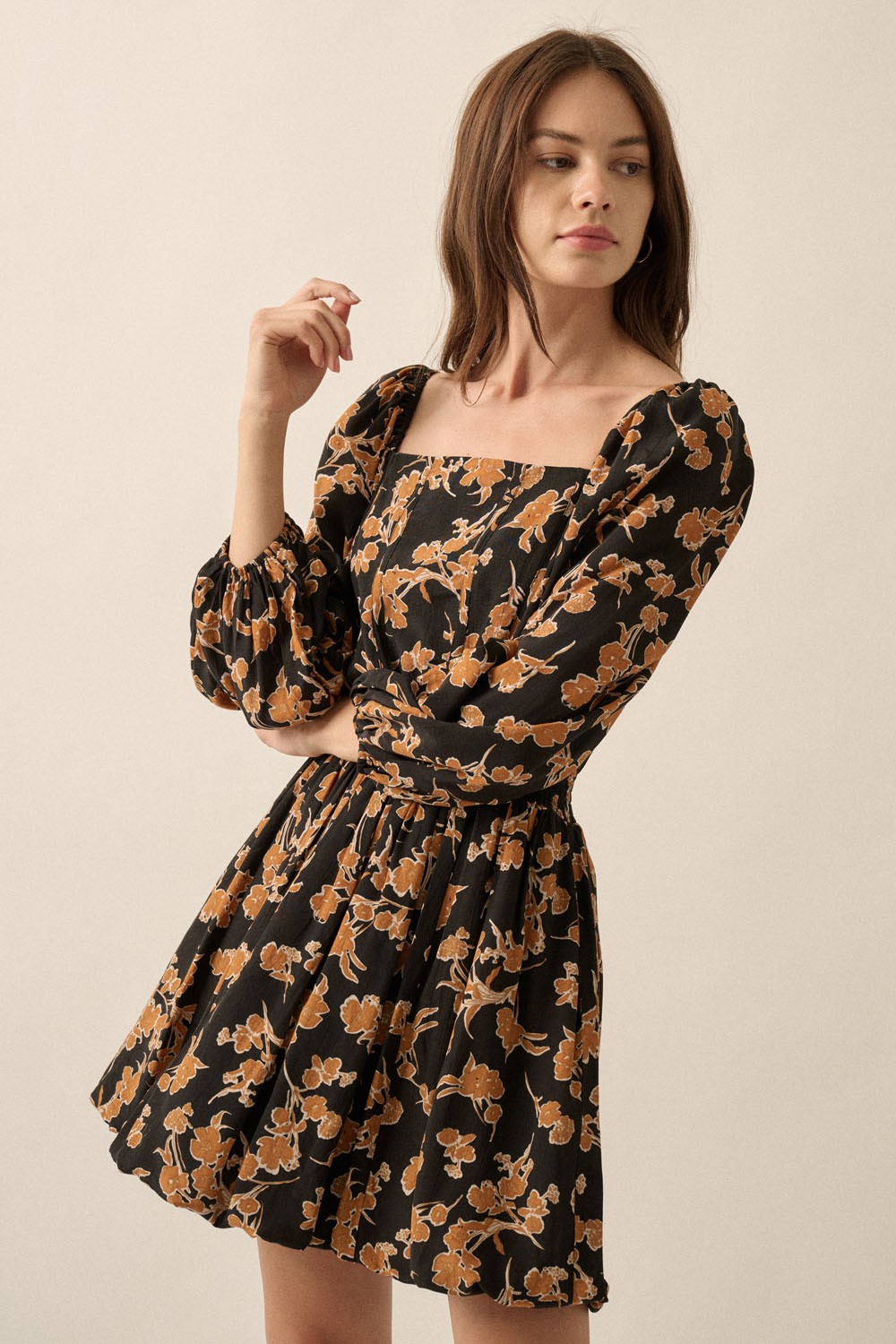 Black Floral Square Neck Corset Style Bodice Mini Dress