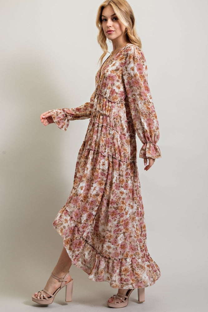 Dusty Rose Bohemian Floral High Low Maxi Dress