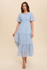 Blue Smocked Floral Chiffon Midi Dress