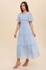 Blue Smocked Floral Chiffon Midi Dress