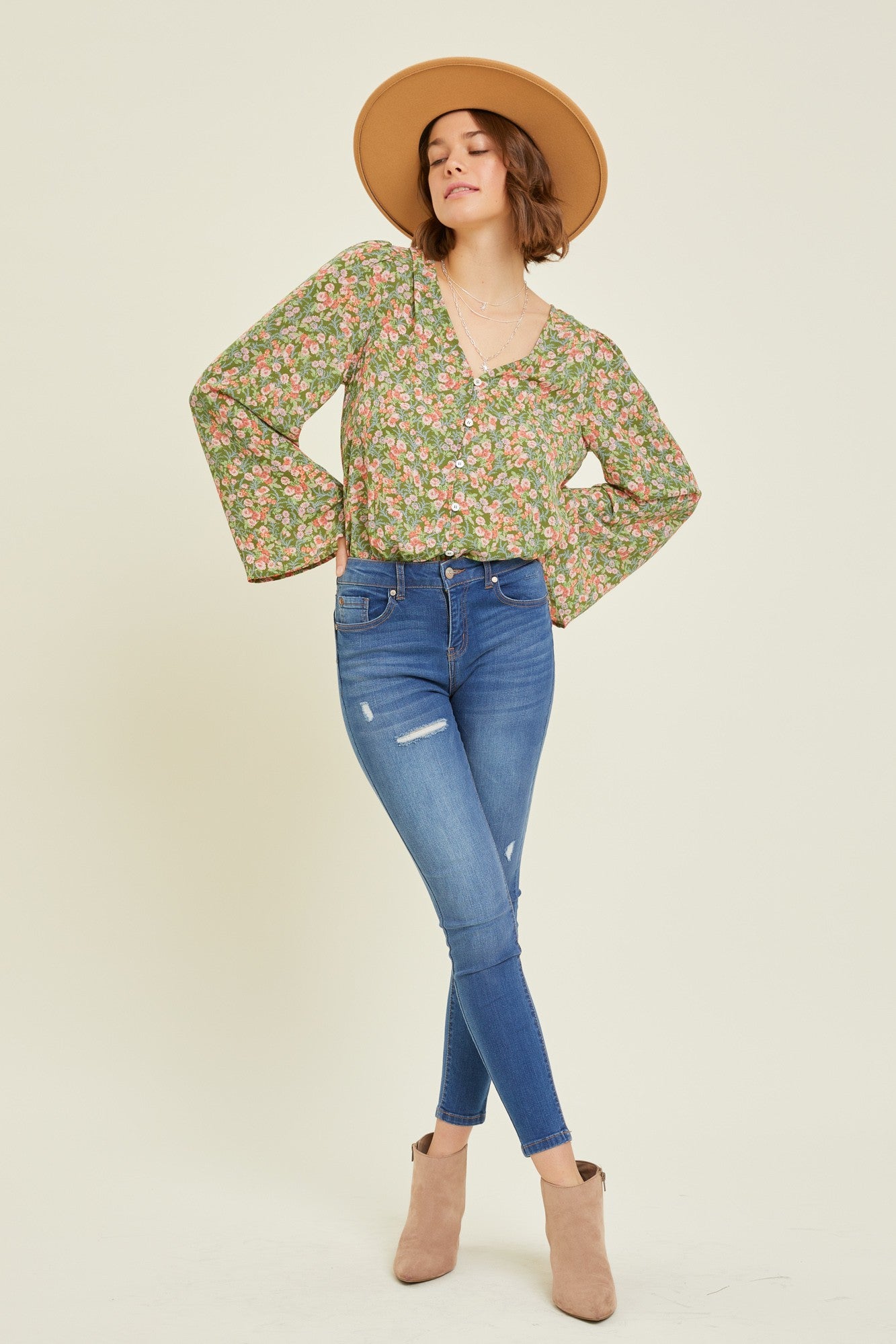 Olive V-Neck Button-Down Floral Bodysuit