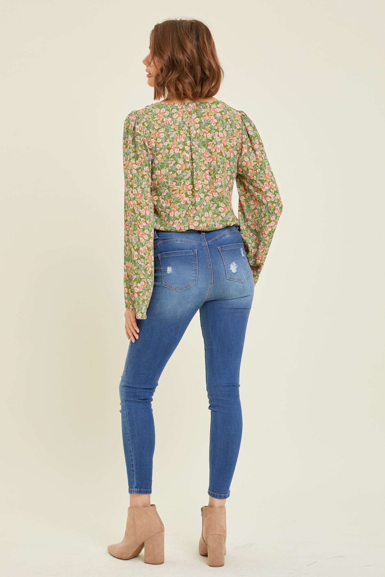 Olive V-Neck Button-Down Floral Bodysuit