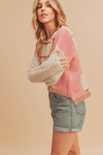 White Pink Knit Stripe Pullover Sweater