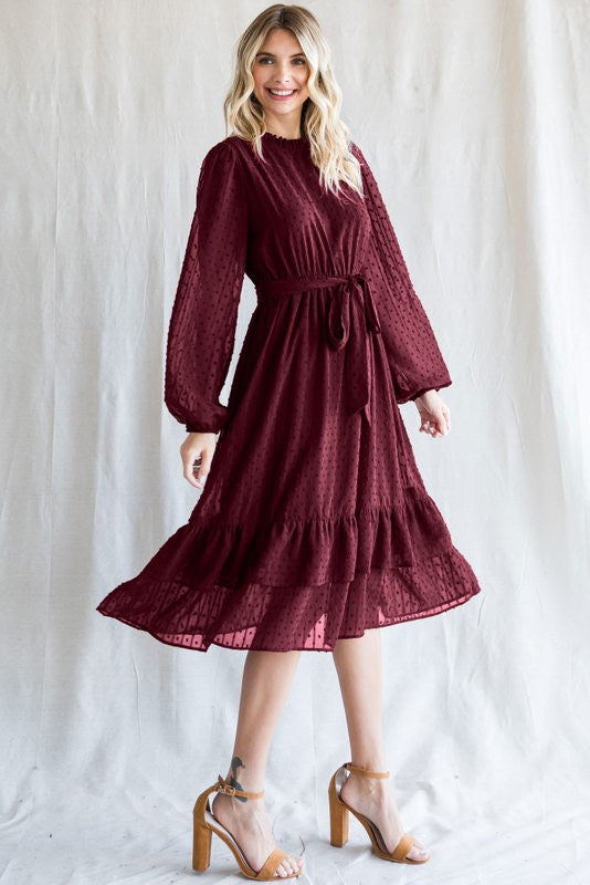 Burgundy Swiss Dot Ruffle Accent Midi Dress