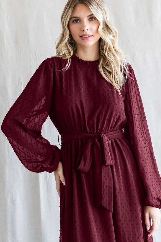 Burgundy Swiss Dot Ruffle Accent Midi Dress