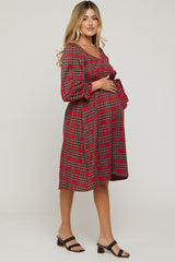 Red Plaid Smocked A-Line Maternity Midi Dress