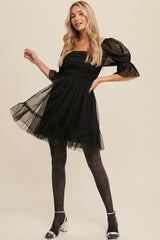 Black Polka Dot Mesh Cinched Design Mini Dress