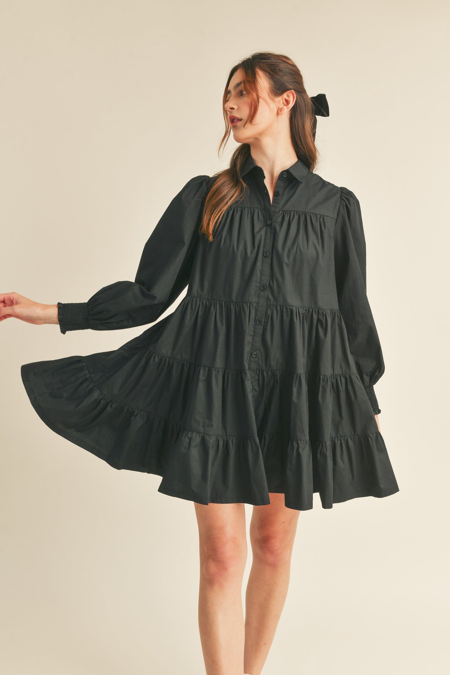 Black Tiered Button Down Mini Dress