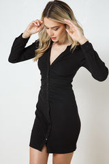 Black Rib Ruched Snap Button Front Dress