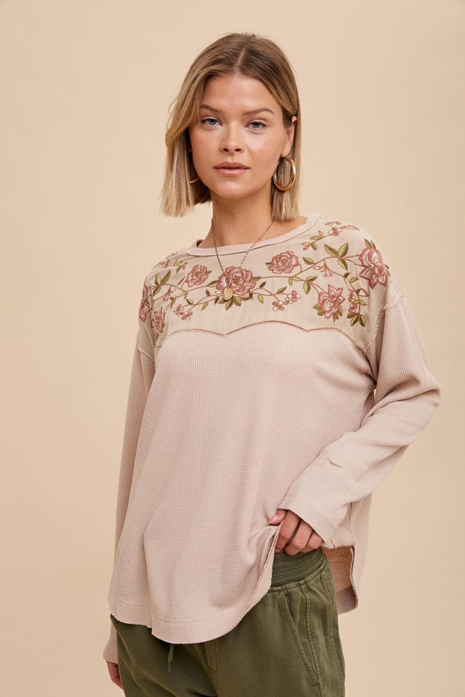Almond Thermal Embroidered Yoke Top