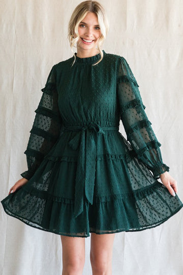 Hunter Green Swiss Dot Frilled Layer Dress