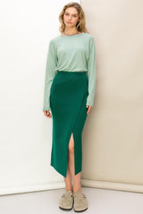 Pine Green Ribbed Wrap Sweater Midi Skirt
