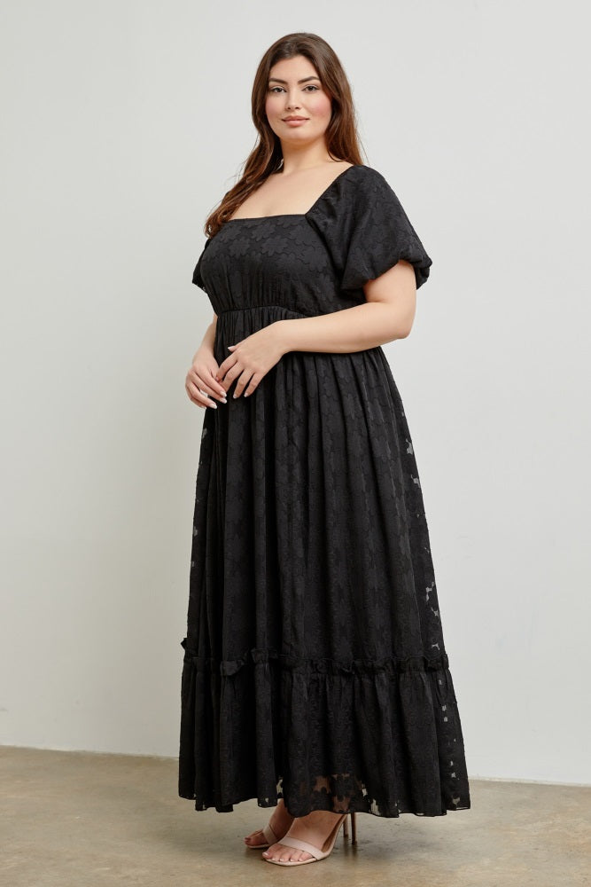 Black Floral Chiffon Smocked Square Neck Plus Maxi Dress Black Floral Chiffon Smocked Square Neck Plus Maxi Dress