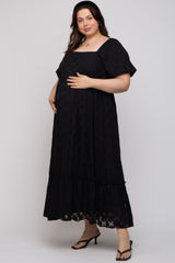 Black Floral Chiffon Smocked Square Neck Maternity Plus Maxi Dress