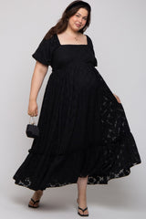 Black Floral Chiffon Smocked Square Neck Maternity Plus Maxi Dress