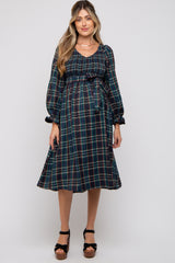Forest Green Plaid Smocked A-Line Maternity Midi Dress