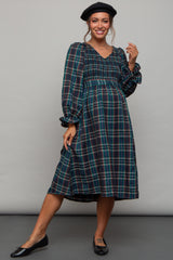 Forest Green Plaid Smocked A-Line Maternity Midi Dress