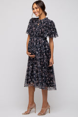 Black Floral Smocked Mesh Knit Maternity Midi Dress