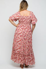 Pink Floral Puff Sleeve Maternity Plus Maxi Dress