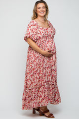 Pink Floral Puff Sleeve Maternity Plus Maxi Dress