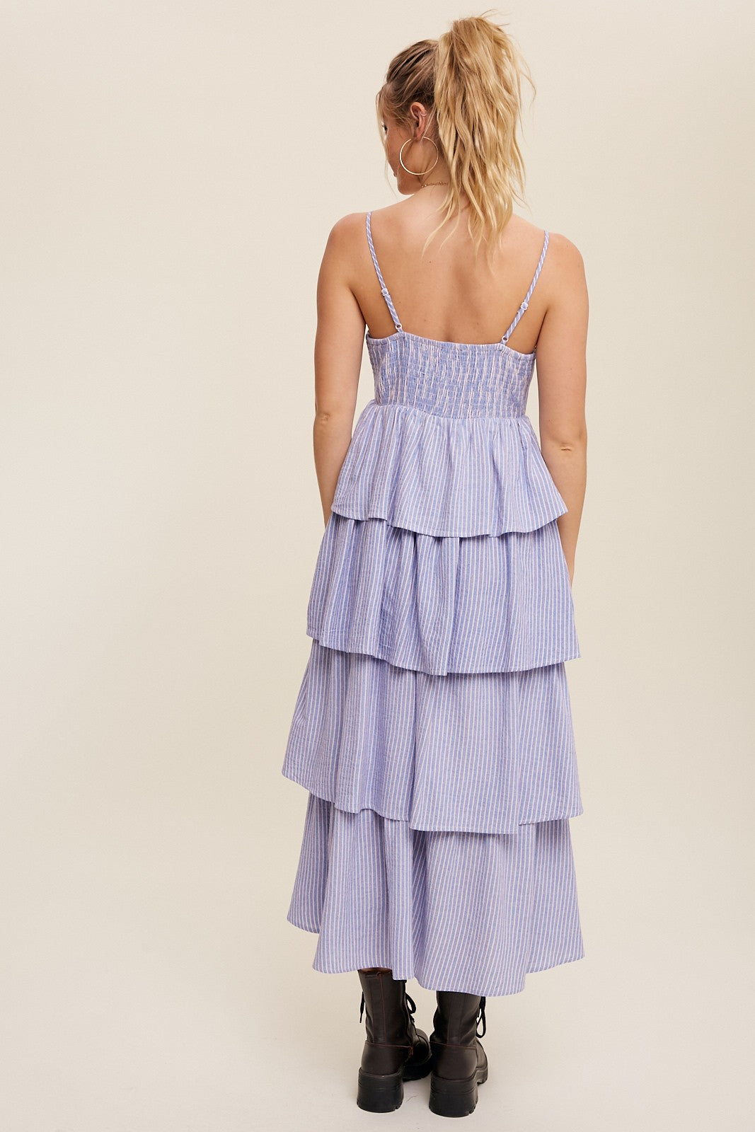 Blue Pinstripe Front Tie Tiered Maxi Dress