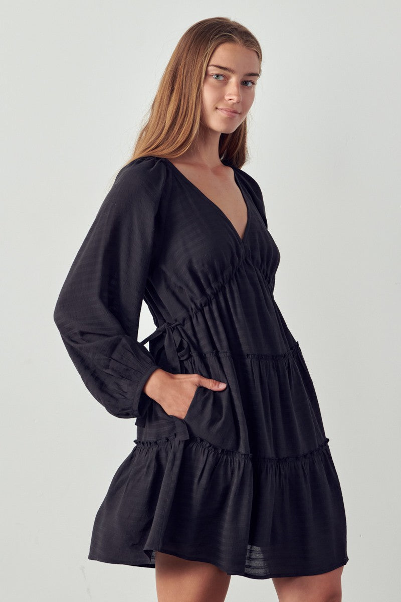 Black Pintuck Plunge Dress With Pockets