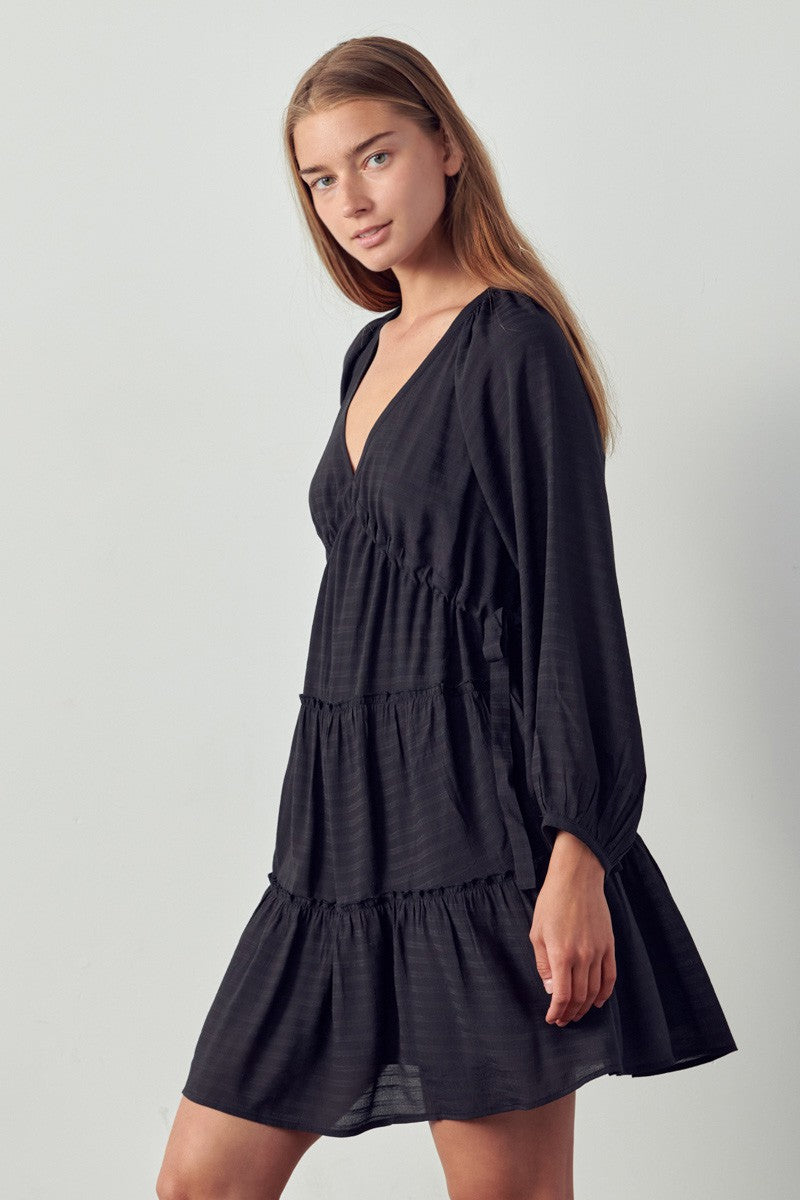 Black Pintuck Plunge Dress With Pockets