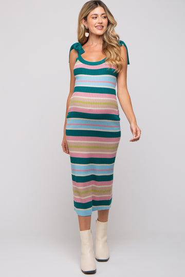 Teal Striped Sweater Knit Shoulder Tie Maternity Midi Dress