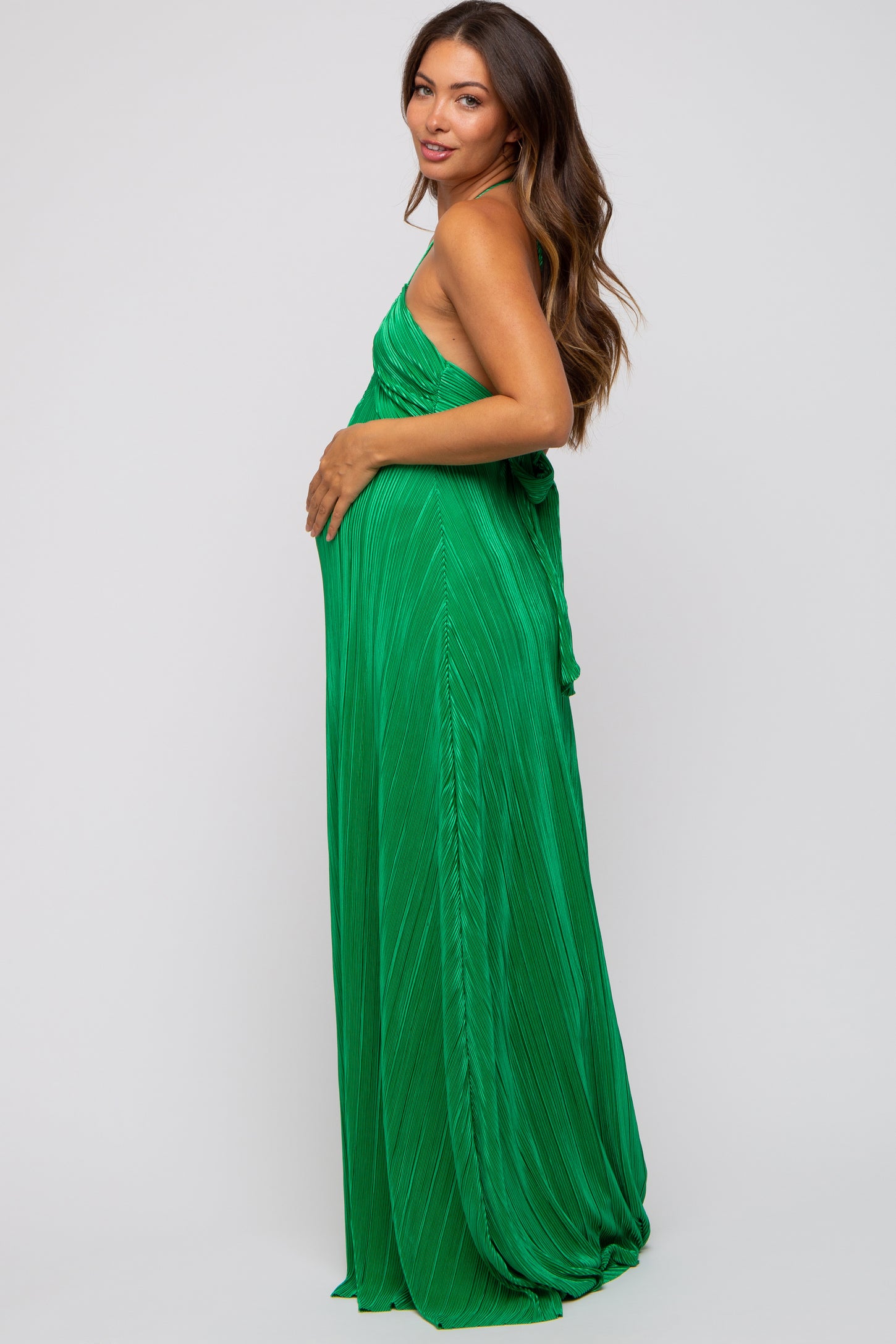 Green Plisse Halter Back Tie Maternity Maxi Dress PinkBlush Green Plisse Halter Back Tie Maternity Maxi Dress PinkBlush