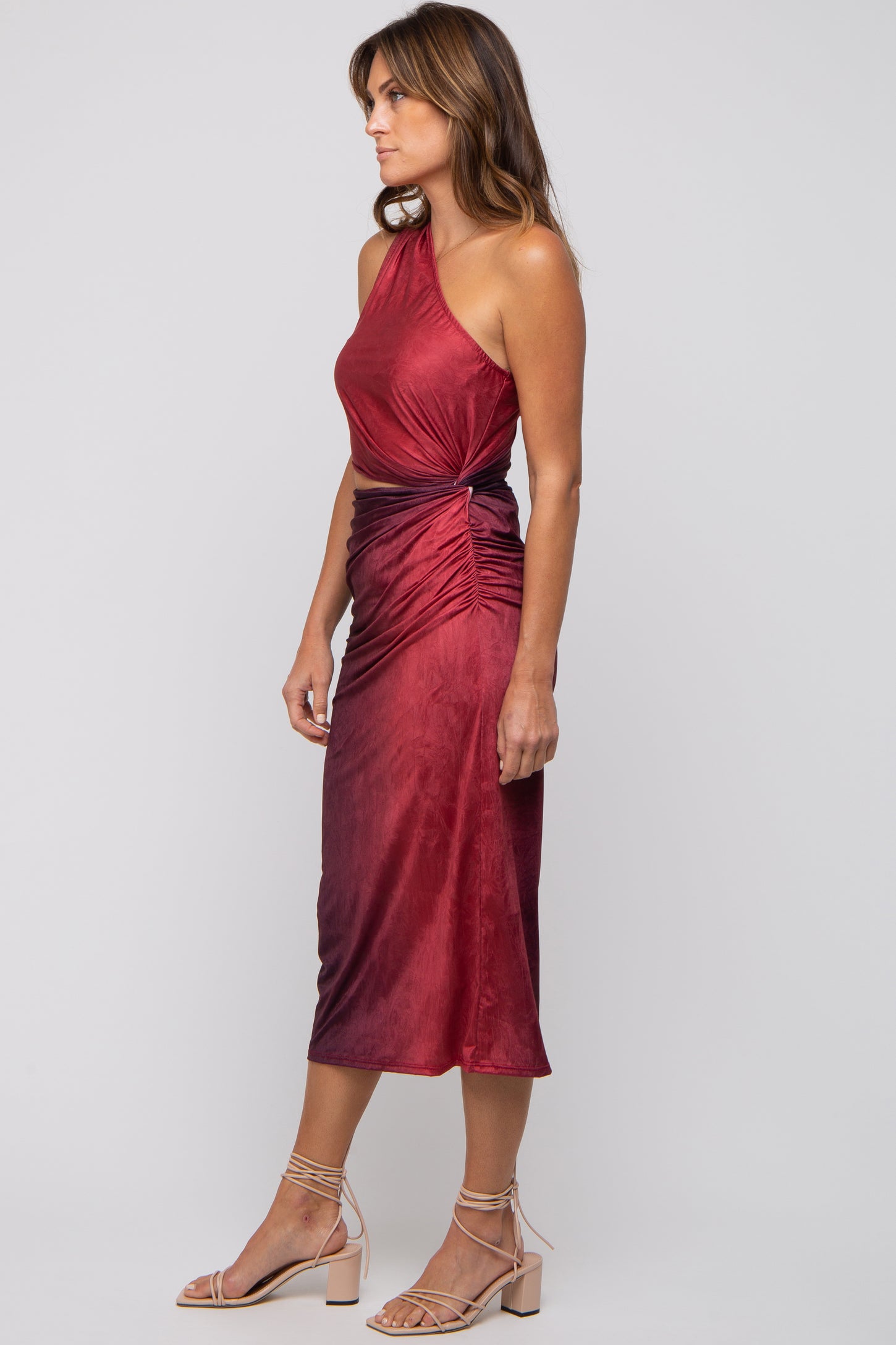Burgundy One Shoulder Side Cutout Ruched Midi Dress PinkBlush Burgundy One Shoulder Side Cutout Ruched Midi Dress PinkBlush
